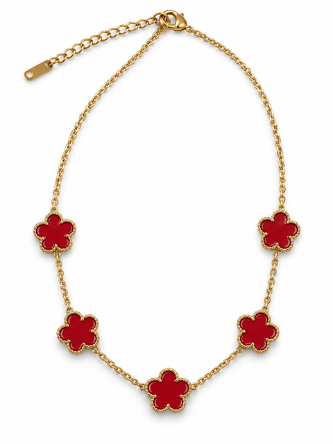Gold-Colored Necklace with Red Five-Petal Flowers