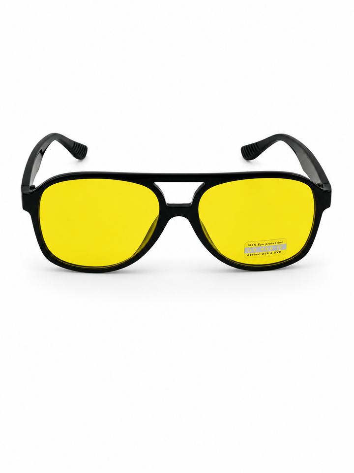 Fekete pilot stílusú napszemüveg sárga lencsével UV400 védelemmel | Modern uniszex aviator napszemüveg
