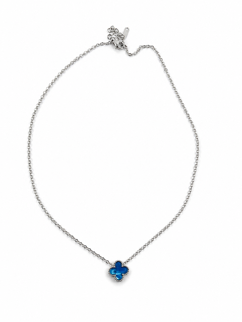 Silver-Colored Blue Four-Leaf Flower Necklace