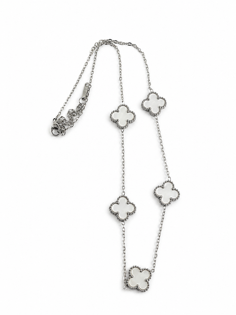Silver-Colored Necklace with White Four-Leaf Flower Decoration (The last image is for illustrative purposes. The item is also available as part of a set.)