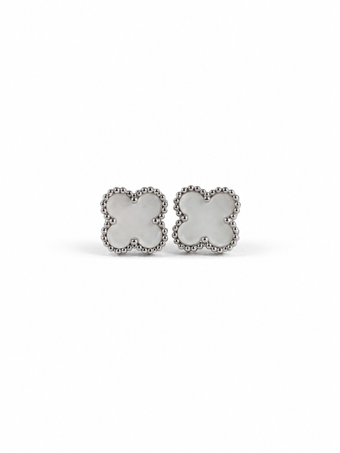 Silver-Colored White Four-Leaf Flower Earrings (The last image is for illustration purposes. The item is also available as a set.)