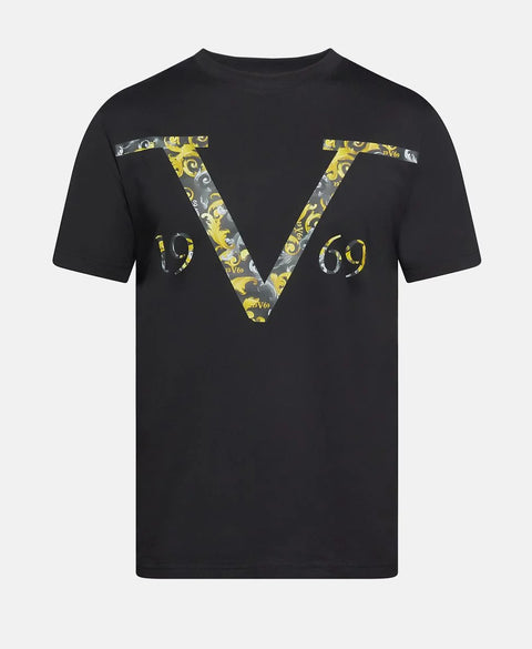 19V69 Italia Rafael black men’s T-shirt with a light-colored pattern