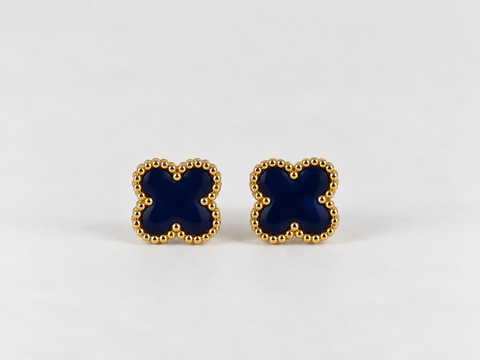 Gold-Tone Earrings with a Dark Blue Four-Leaf Flower