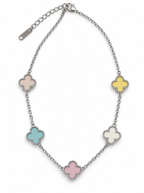 Silver-Colored Necklace with Pastel Four-Petal Flowers (The last image is for illustrative purposes. The product is also available as a set.)