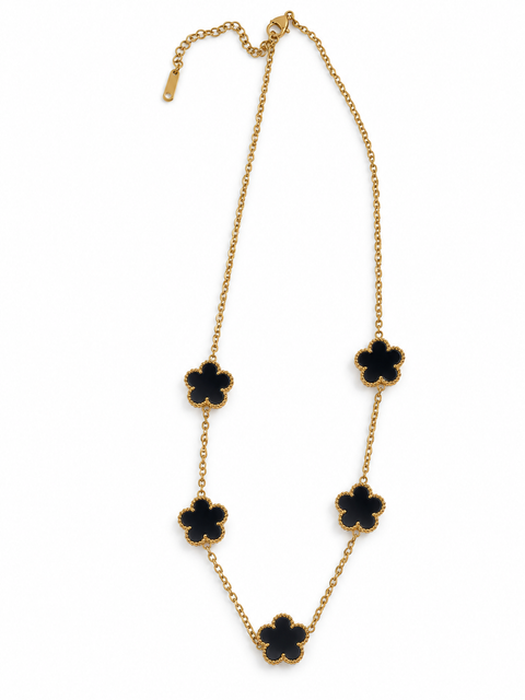 Gold-Tone Necklace with Black Five-Petal Flowers