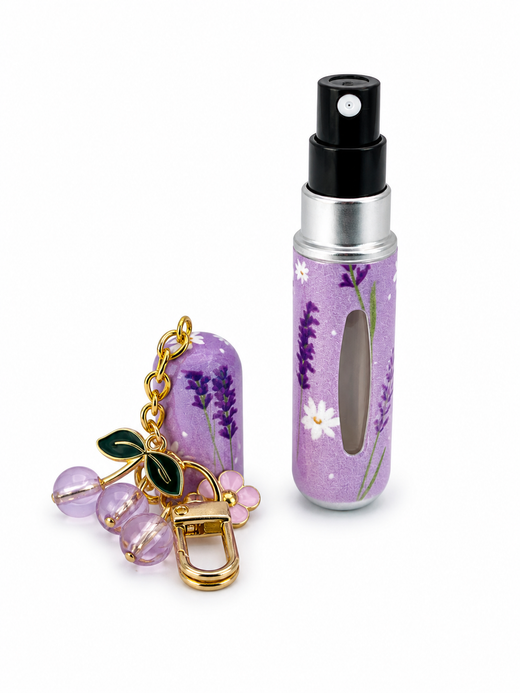 Virágmintás lila utazó parfüm porlasztó kulcstartóval – mini spray -5 ml