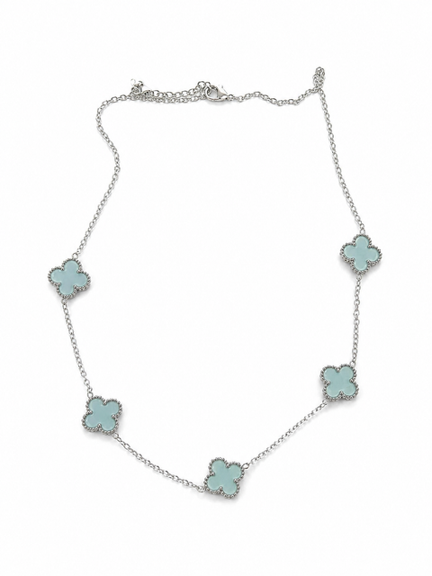 Silver-Colored Necklace with Blue Four-Petal Flowers (The last image is for illustrative purposes. The product is also available as a set.)