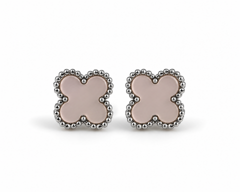 Silver-Colored Earrings with a Pastel Four-Leaf Flower